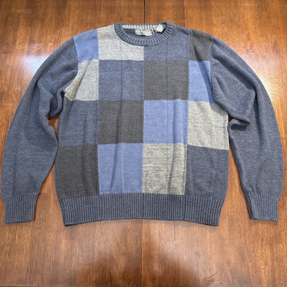Oscar De La Renta Sweater Colorblock Black Blue Gray Cotton Blend Men's XL
